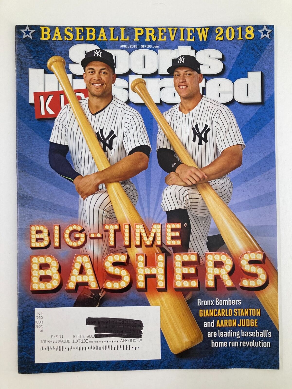 Sports Illustrated Magazine April 2018 featuring Gian Carlo Stanton and Aaron Judge on the cover, highlighting MLB stars known as 'Big-Time Bashers'.