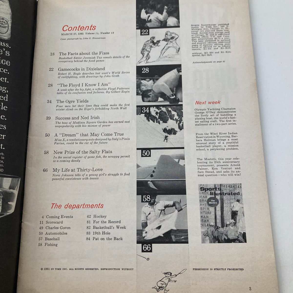 Contents page of the vintage Sports Illustrated magazine from March 27, 1961, detailing articles and features including Basketball's National Championship.