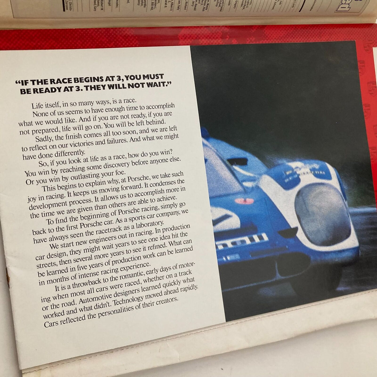 Interior page from the Sports Illustrated Magazine November 6 1989, featuring an inspirational quote about racing and reflection.