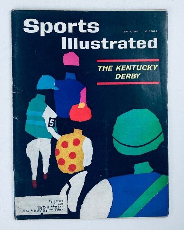 Vintage Sports Illustrated Magazine cover from May 7, 1962, featuring The Kentucky Derby, showcasing colorful jockey silks and iconic artwork related to horse racing.