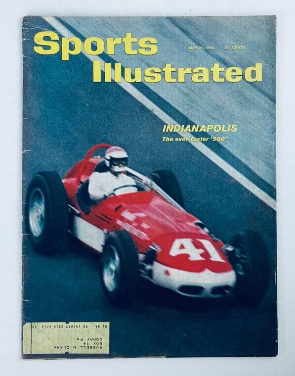 Cover of VTG Sports Illustrated Magazine May 29 1961, featuring an image of a red race car and driver, promoting the Indianapolis 500.