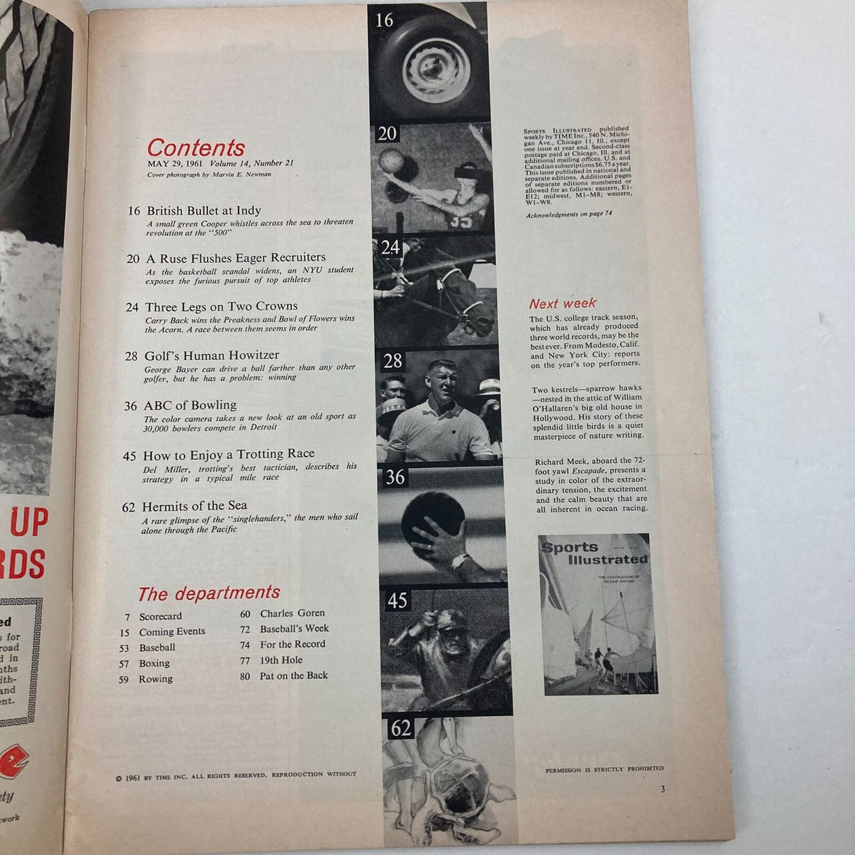 Contents page from VTG Sports Illustrated Magazine May 29 1961, Vol 14 No 21, featuring articles on the Indianapolis 500, sports events, and photographs related to race highlights.