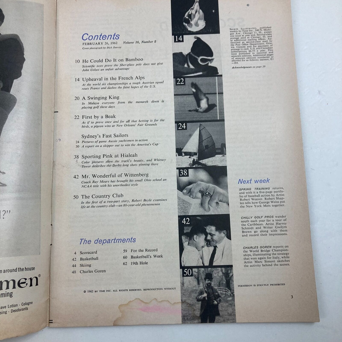 Contents page of VTG Sports Illustrated Magazine February 26, 1962, Vol 16 No. 8, listing articles and features in the issue, reflecting sports journalism of the time.