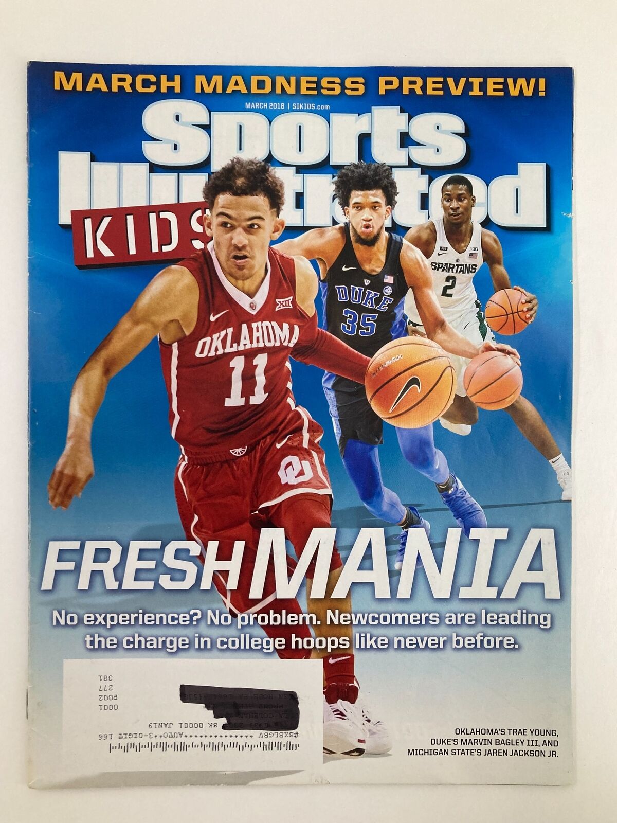 Cover of Sports Illustrated Kids Magazine March 2018 Vol 30 #2 featuring Trae Young, highlighting 'FRESHMANIA' and March Madness preview.