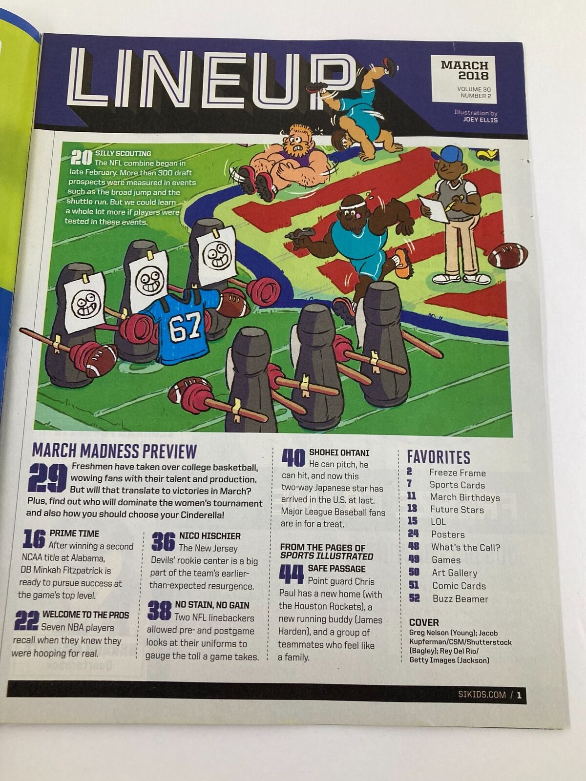 Inside page of Sports Illustrated Kids Magazine March 2018 showcasing the 'LINEUP' section and articles related to NCAA basketball.