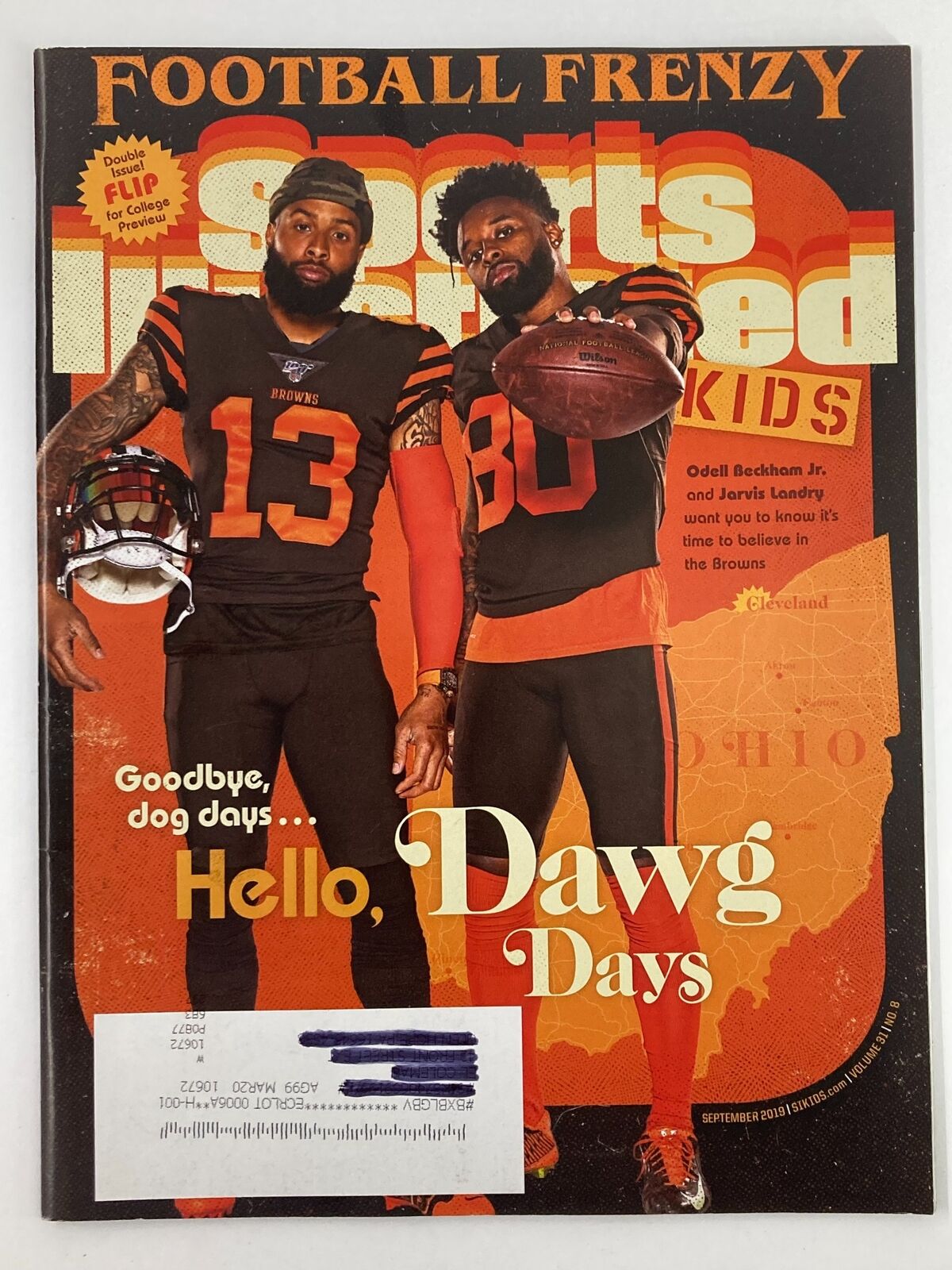 Cover of Sports Illustrated Magazine, September 2019, featuring Odell Beckham Jr. and Jarvis Landry in Browns uniforms, promoting 'Goodbye, Dog Days... Hello, Dawg Days.'