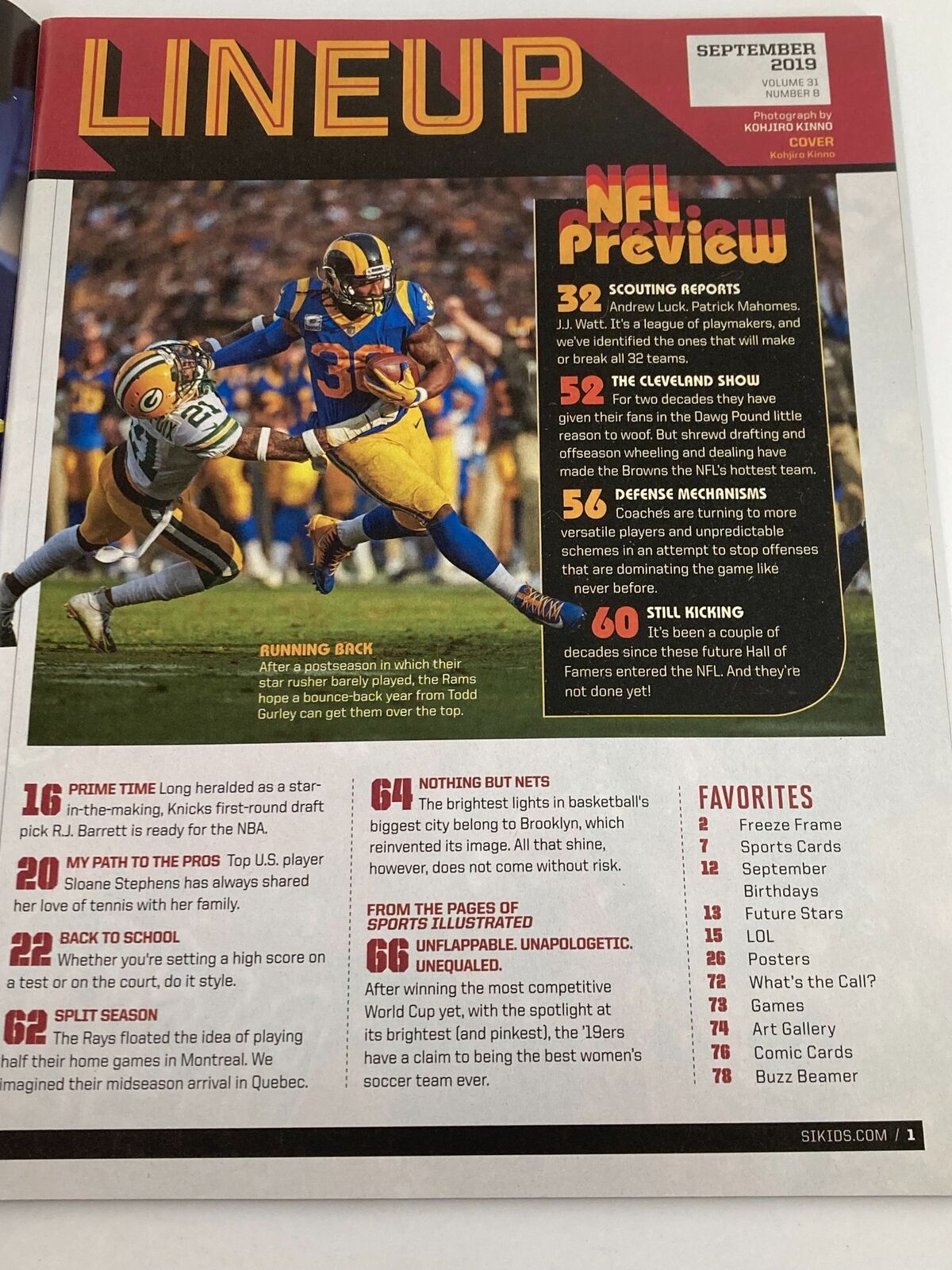 Contents page from Sports Illustrated Magazine September 2019 Vol 31 #8 featuring NFL preview and highlights from the issue including Odell Beckham Jr.