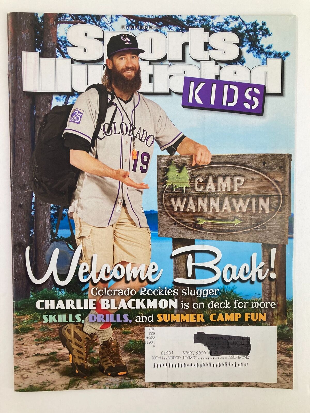 Cover of Sports Illustrated Kids Magazine July 2018 Vol 30 #6 featuring Charlie Blackmon of the Colorado Rockies, promoting 'Camp Wannawin'.