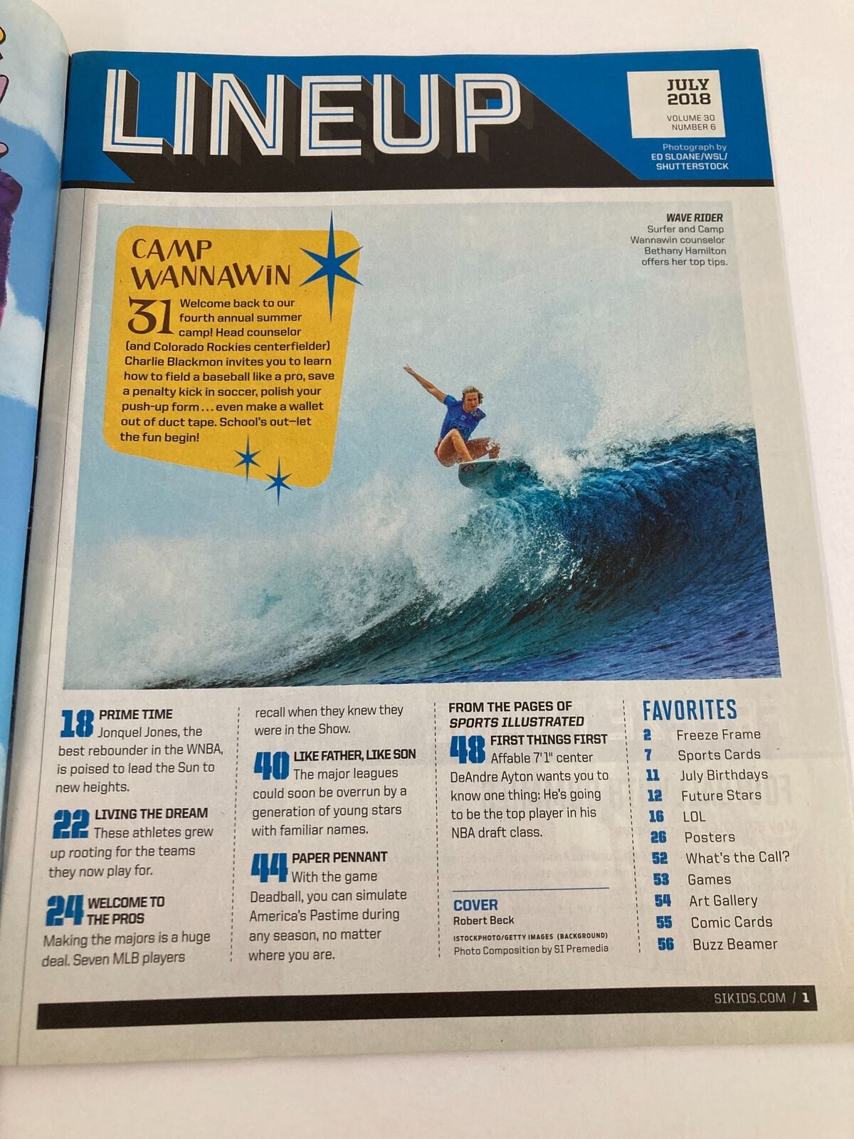 Inside page of Sports Illustrated Kids Magazine July 2018 Vol 30 #6, showcasing the lineup for 'Camp Wannawin' with a surfer highlighted.