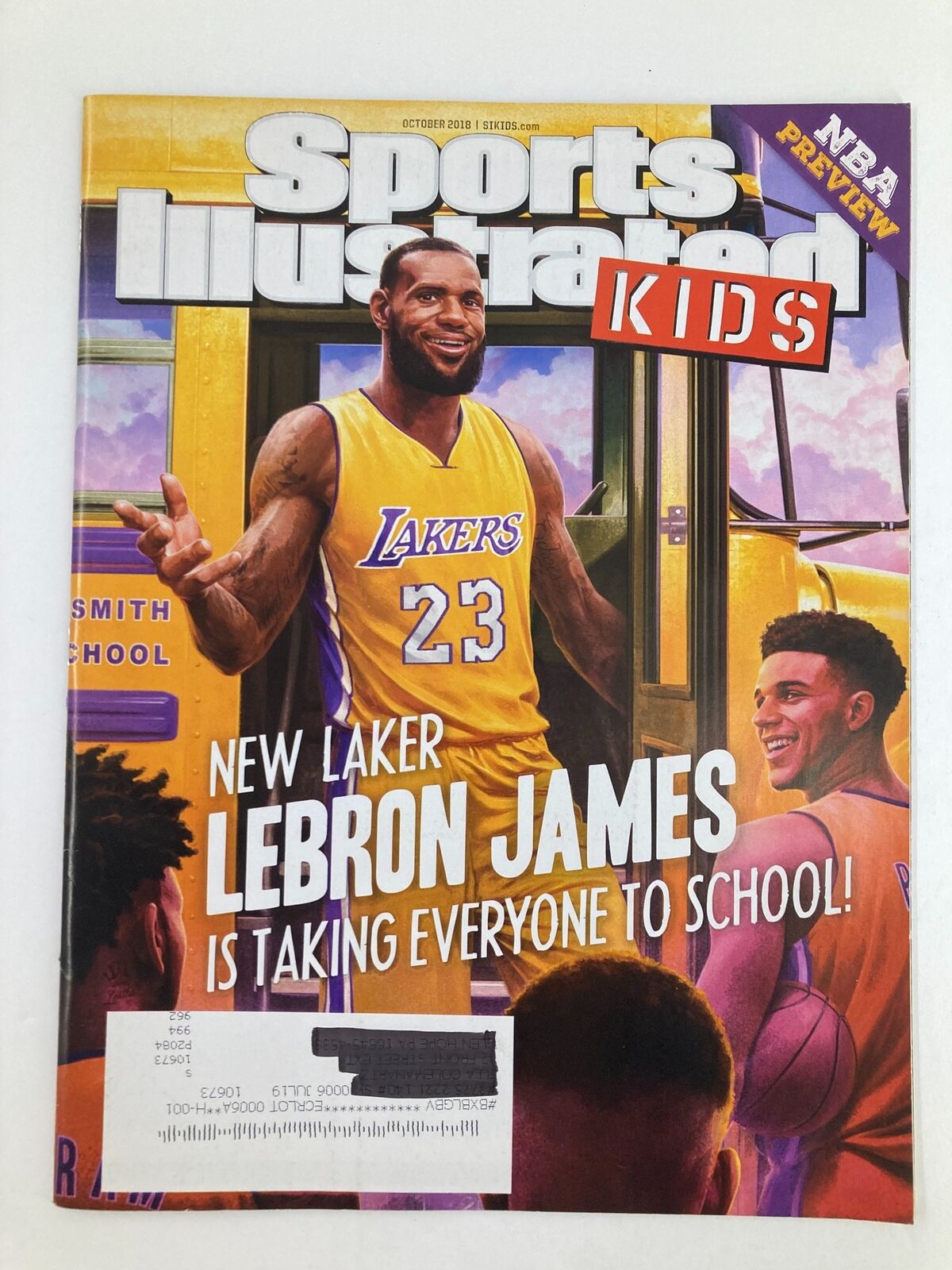 Sports Illustrated Kids Magazine October 2018 Vol 30 #9 cover featuring LeBron James in a Lakers jersey, promoting his new role as a key player and inspiring youth with the caption 'New Lakers LeBron James is taking everyone to school!'.