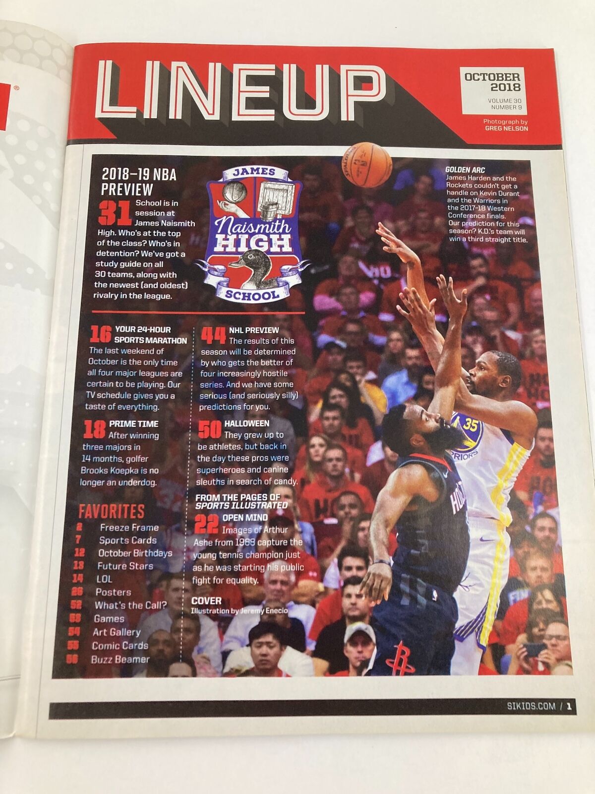 Inside page of Sports Illustrated Kids Magazine October 2018 Vol 30 #9 showcasing the lineup for the 2018-19 NBA season with highlights from the game and features related to LeBron James' involvement at Naismith High School.