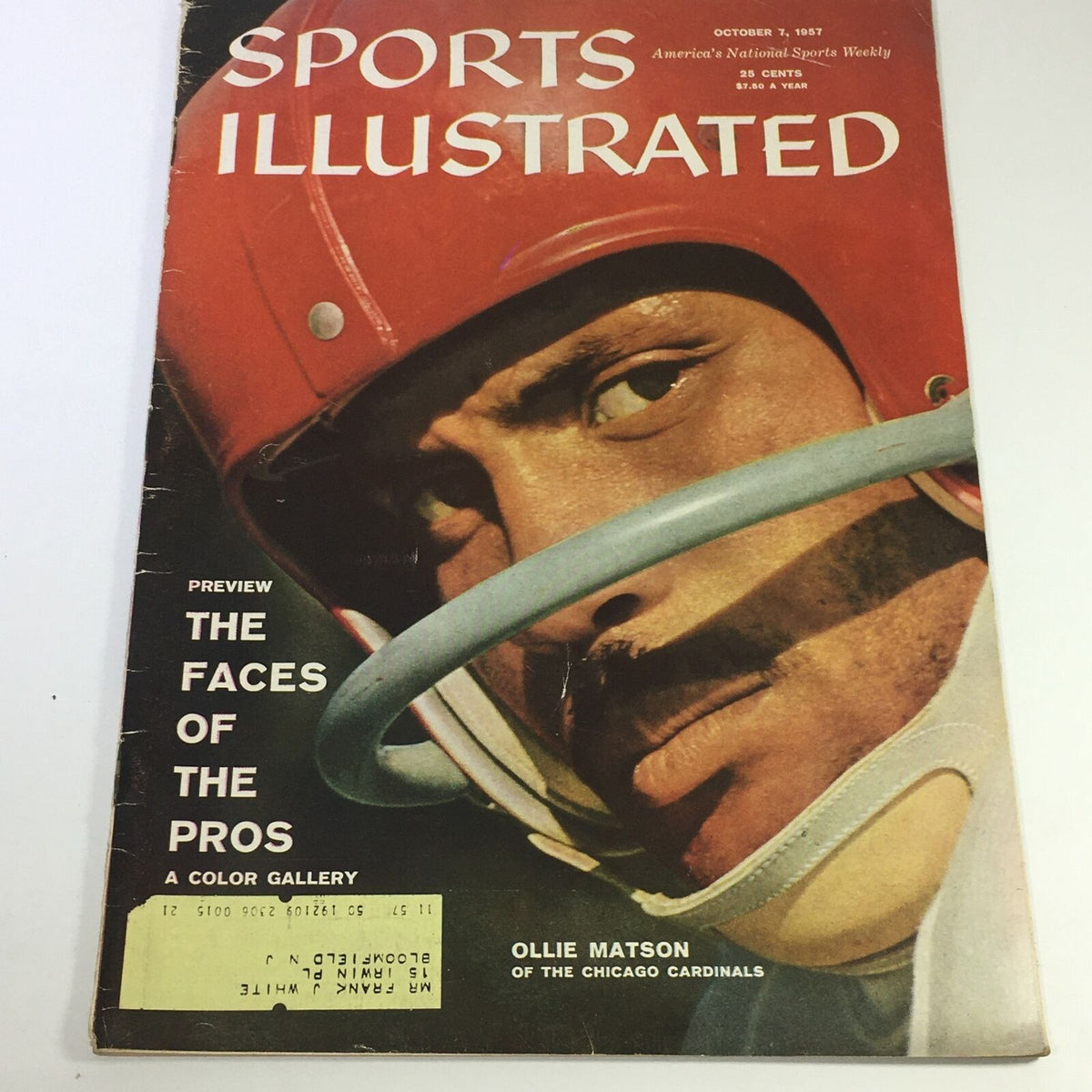 Vintage Sports Illustrated Magazine cover from October 7, 1957 featuring Ollie Matson of the Chicago Cardinals. The magazine showcases a close-up of Matson in a football helmet, highlighting its historical significance for sports collectors.