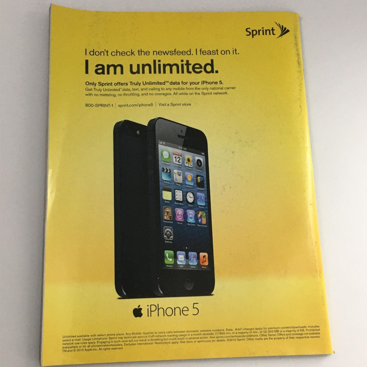 Sprint advertisement showcasing the iPhone 5, highlighting the unlimited data plan, featured in Sports Illustrated Magazine December 10, 2012 - LeBron James No Label VG.