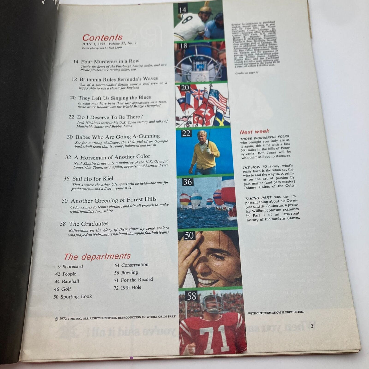 Contents page from the Vintage Sports Illustrated Magazine July 3 1972, featuring segments like 'Four Murderers in a Row' and 'Babes Who Are Going A-Gunning', highlighting articles on sports history.