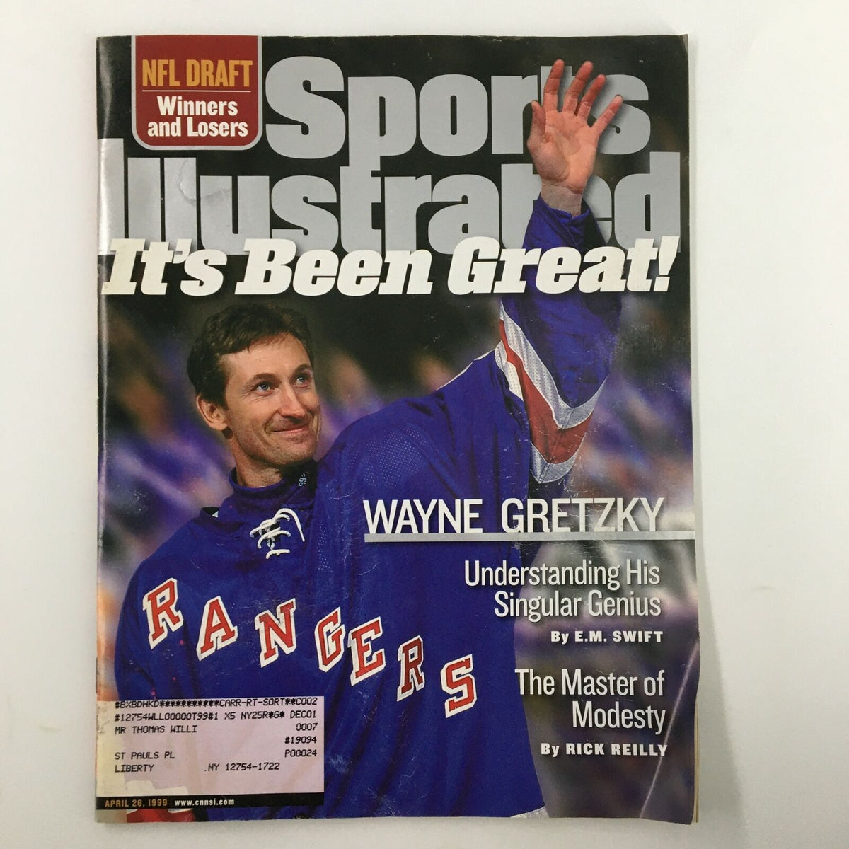 Sports Illustrated Magazine dated April 26, 1999, featuring Wayne Gretzky on the cover, showcasing him in a Rangers jersey with a triumphant gesture, highlighting 'A Singular Genius' and articles about his career.