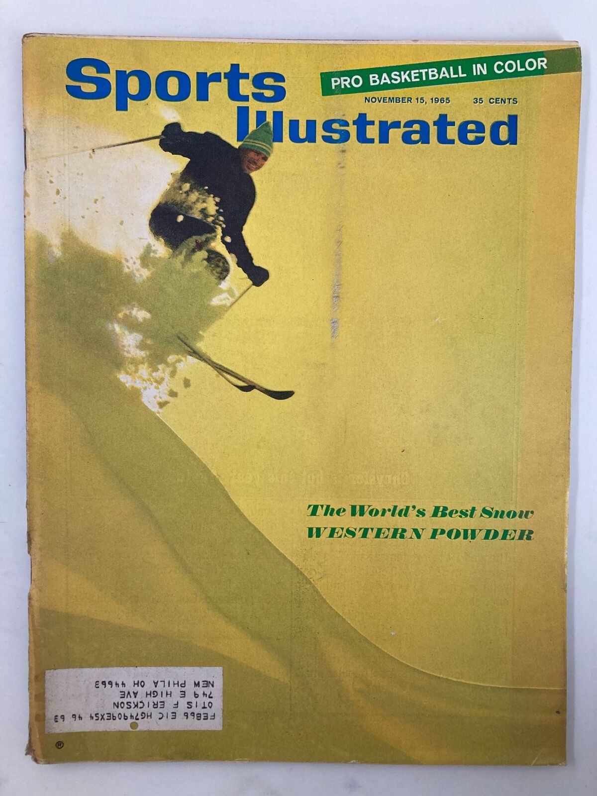 VTG Sports Illustrated Magazine Cover from November 15, 1965, featuring a skier in action and showcasing the world's best snow and western powder.
