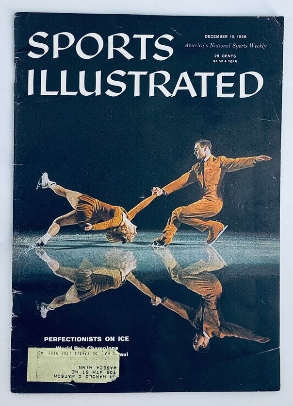 VTG Sports Illustrated Magazine December 15 1958 cover featuring Bob Paul and Barbara Wagner during a synchronized ice skating performance, showcasing the elegance and talent of the World Pair Champions.