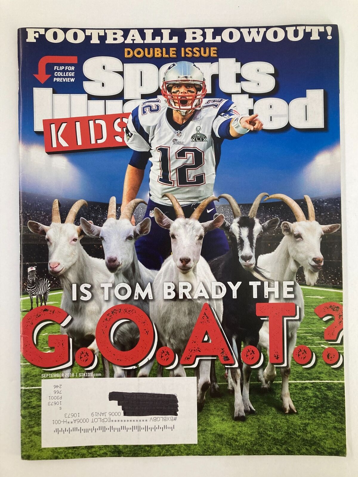 Cover of Sports Illustrated Kids Magazine September 2018 Vol 30 #8 featuring Tom Brady surrounded by goats with the headline 'FOOTBALL BLOWOUT! DOUBLE ISSUE'. This collectible issue is a tribute to Brady's legacy in sports.