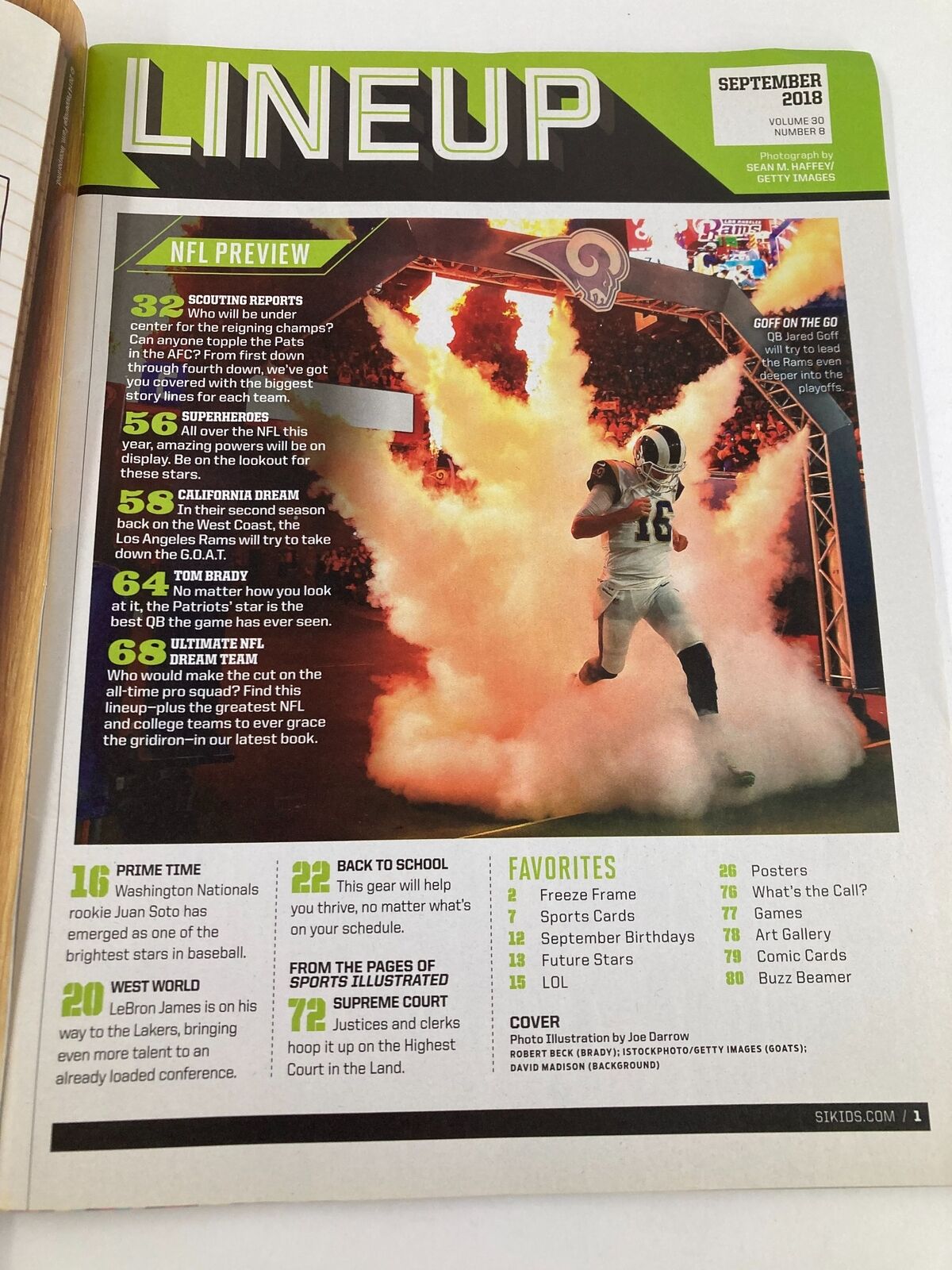 Inside page of Sports Illustrated Kids Magazine September 2018 Vol 30 #8 showcasing the NFL Preview lineup with dynamic visuals and a featured player emerging from smoke. Highlights the magazine's engaging content for young sports fans.