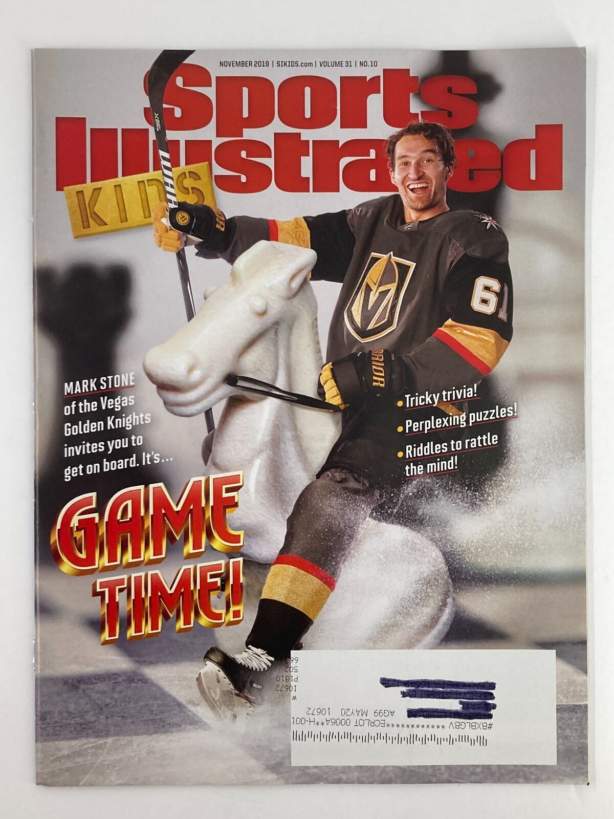 Cover of Sports Illustrated Kids Magazine November 2019, Vol 31 #10 featuring Mark Stone of the Vegas Golden Knights, depicted on a playful white horse with the text 'GAME TIME!'
