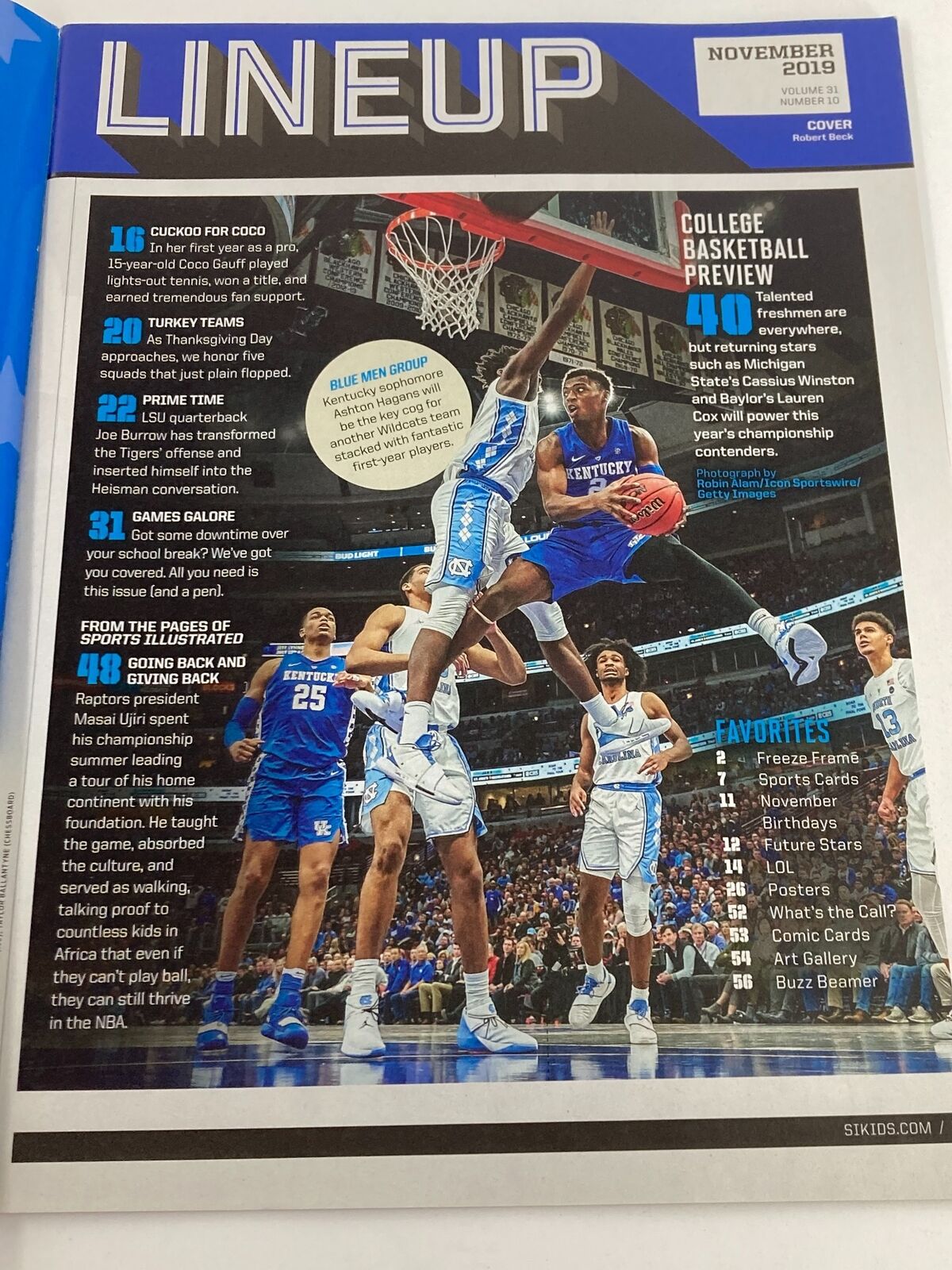 Interior page of Sports Illustrated Kids Magazine November 2019, Vol 31 #10 showcasing a lineup preview for college basketball featuring dramatic action shots and player statistics.