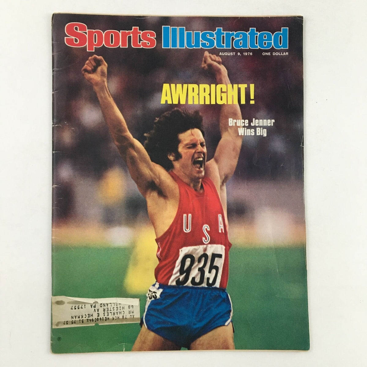 Cover of Sports Illustrated Magazine August 9, 1976, featuring Bruce Jenner celebrating his Olympic victory with the caption 'AWRIGHT!' and the title 'Bruce Jenner Wins Big'.