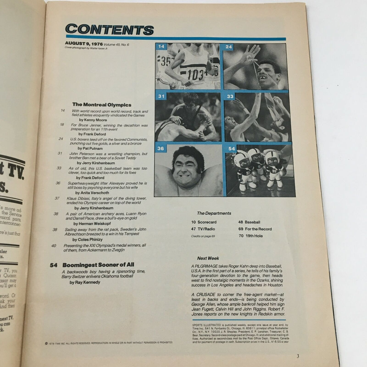 Contents page of Sports Illustrated Magazine August 9, 1976, highlighting articles about the Montreal Olympics and featuring a collage of athletes.
