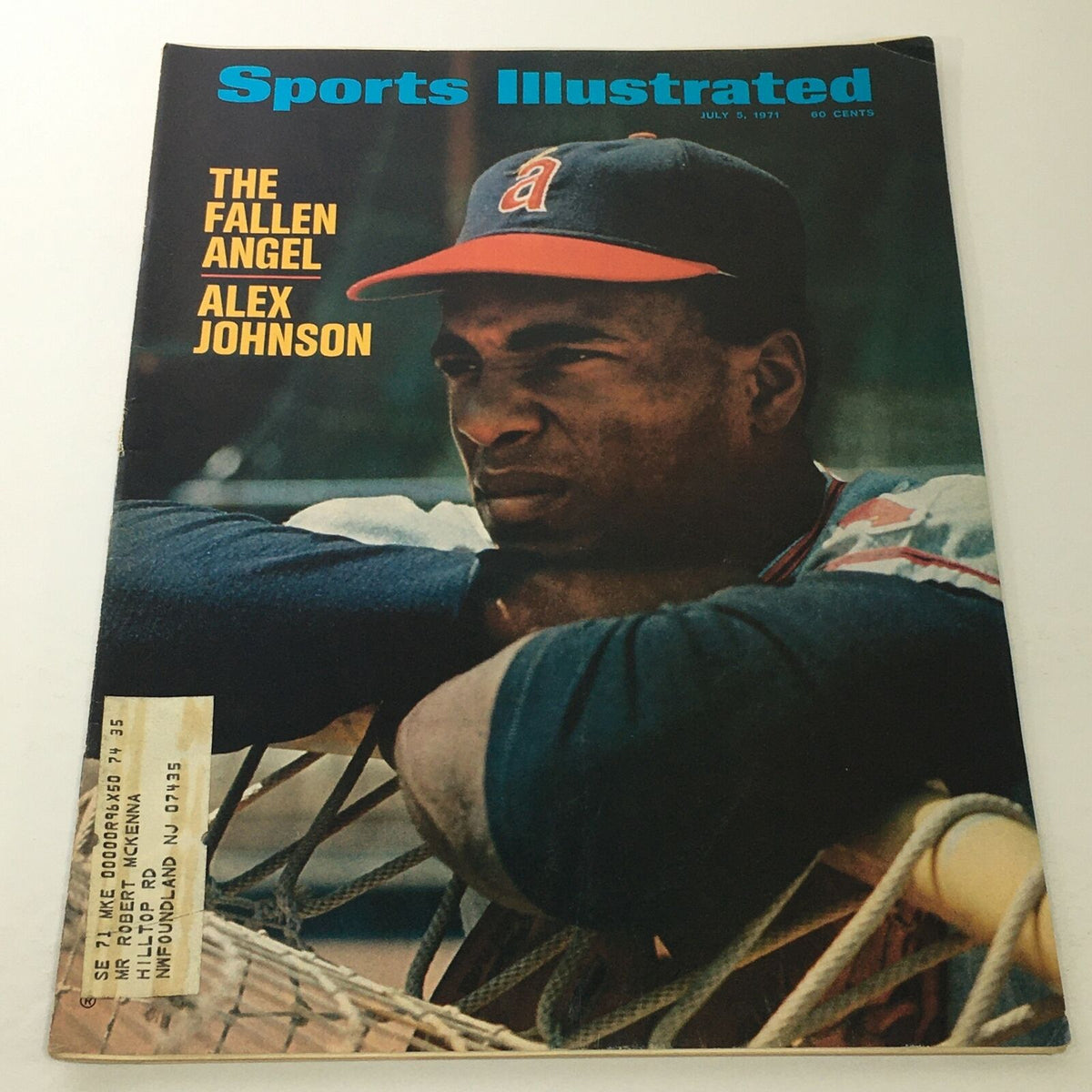 Cover of Sports Illustrated magazine from July 5, 1971 featuring The Fallen Angel Alex Johnson. The magazine showcases a portrait of Alex Johnson at a baseball game, wearing a team cap.
