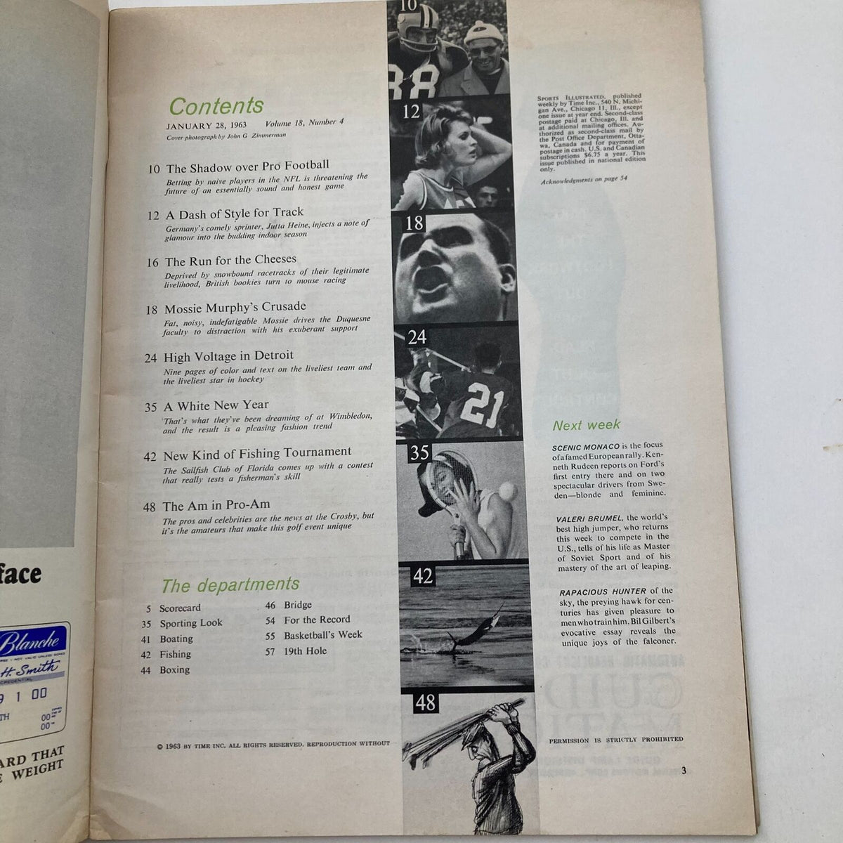 Contents page of the VTG Sports Illustrated Magazine January 28, 1963, listing articles including features on Howie Young, Detroit's Bad Boy, and other sports stories from the era.
