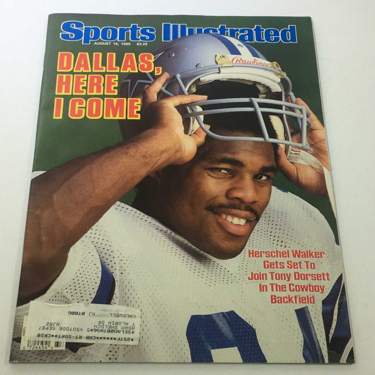 Sports Illustrated cover from August 18, 1986 featuring Herschel Walker with the headline 'Dallas, Here I Come'. The cover highlights Walker's upcoming collaboration with Tony Dorsett in the Dallas Cowboys' backfield. The magazine is in excellent condition with visible smooth edges.