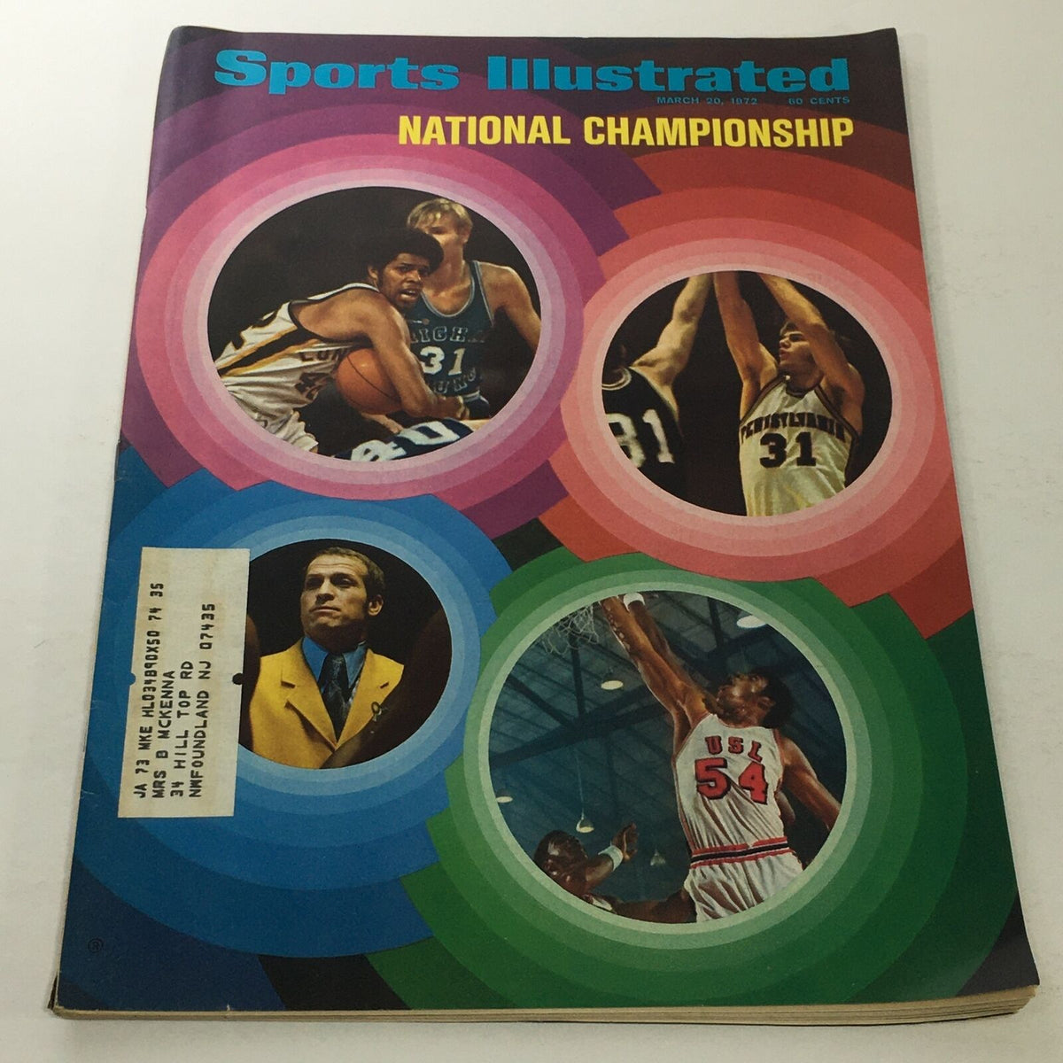 Cover of Sports Illustrated March 20, 1972, featuring National Championship highlights with colorful circular designs and images of basketball players.