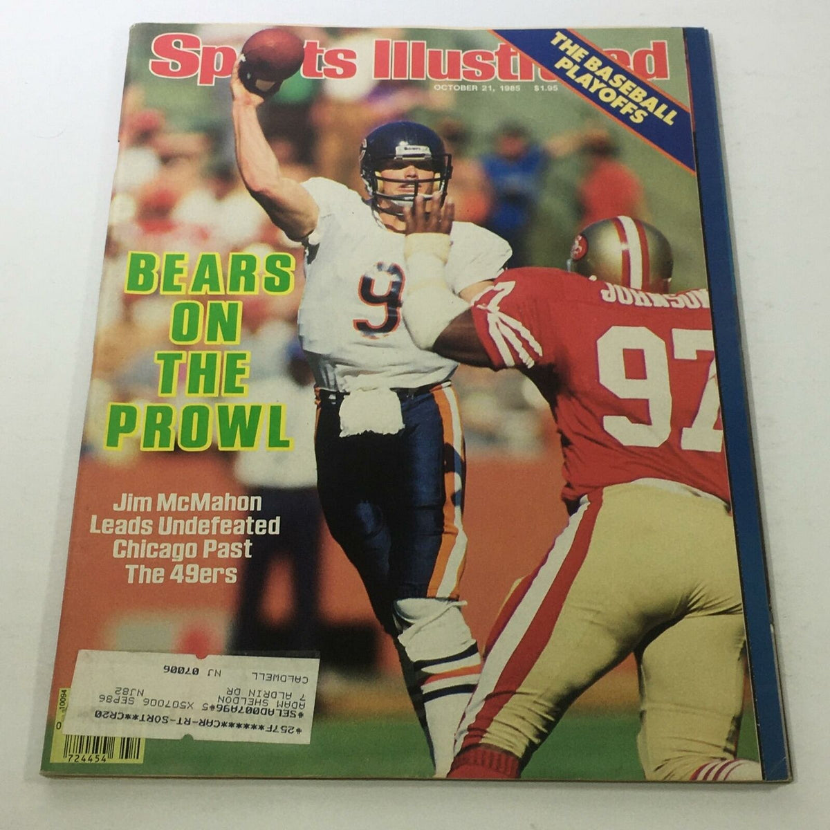Sports Illustrated magazine cover from October 21, 1985, featuring Jim McMahon as the quarterback, showcasing the headline 'Bears on the Prowl' and highlighting the Chicago Bears' undefeated season against the 49ers.