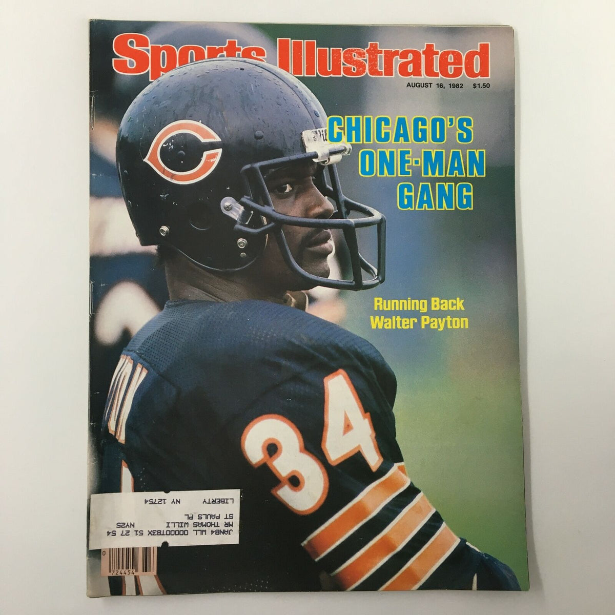 VTG Sports Illustrated Magazine August 16 1982 featuring Running Back Walter Payton on the cover, showcasing the Chicago Bears helmet and jersey, highlighting the sports culture of the early 1980s.