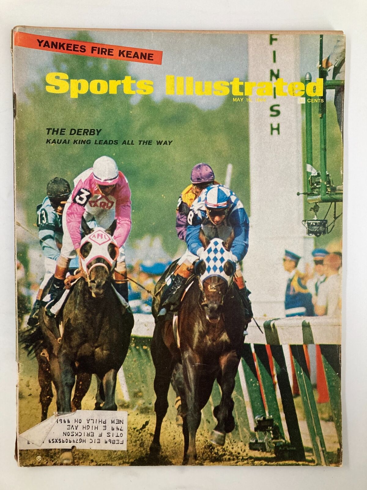 Vintage Sports Illustrated Magazine cover from May 16, 1966, featuring the Kauai King leads all the way at The Derby, showcasing iconic horse racing imagery.