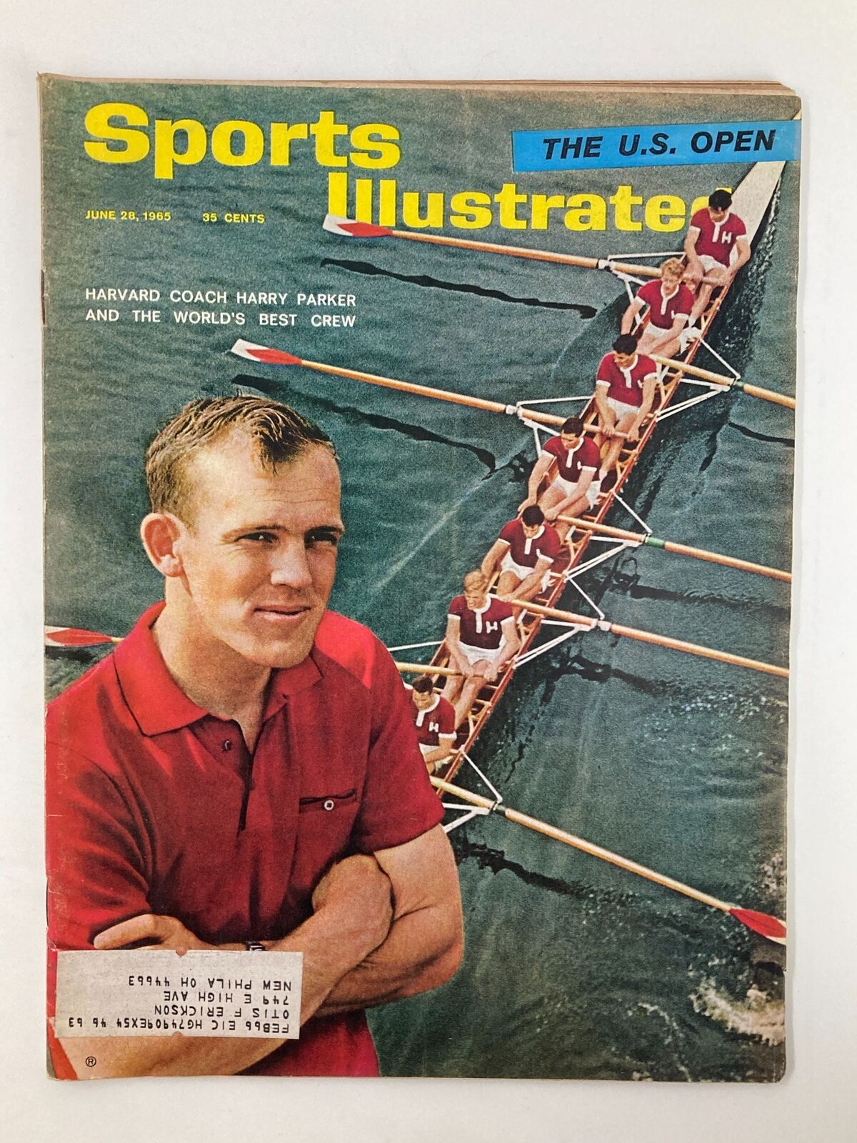 Vintage Sports Illustrated magazine cover from June 28, 1965, featuring Harvard Coach Harry Parker and the world's best crew athletes. Perfect for collectors and sports enthusiasts.