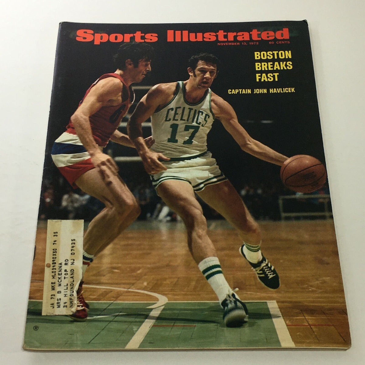 Sports Illustrated magazine cover from November 13, 1972, featuring Captain John Havlicek of the Boston Celtics, showcasing him in action on the court with the headline 'Boston Breaks Fast'.