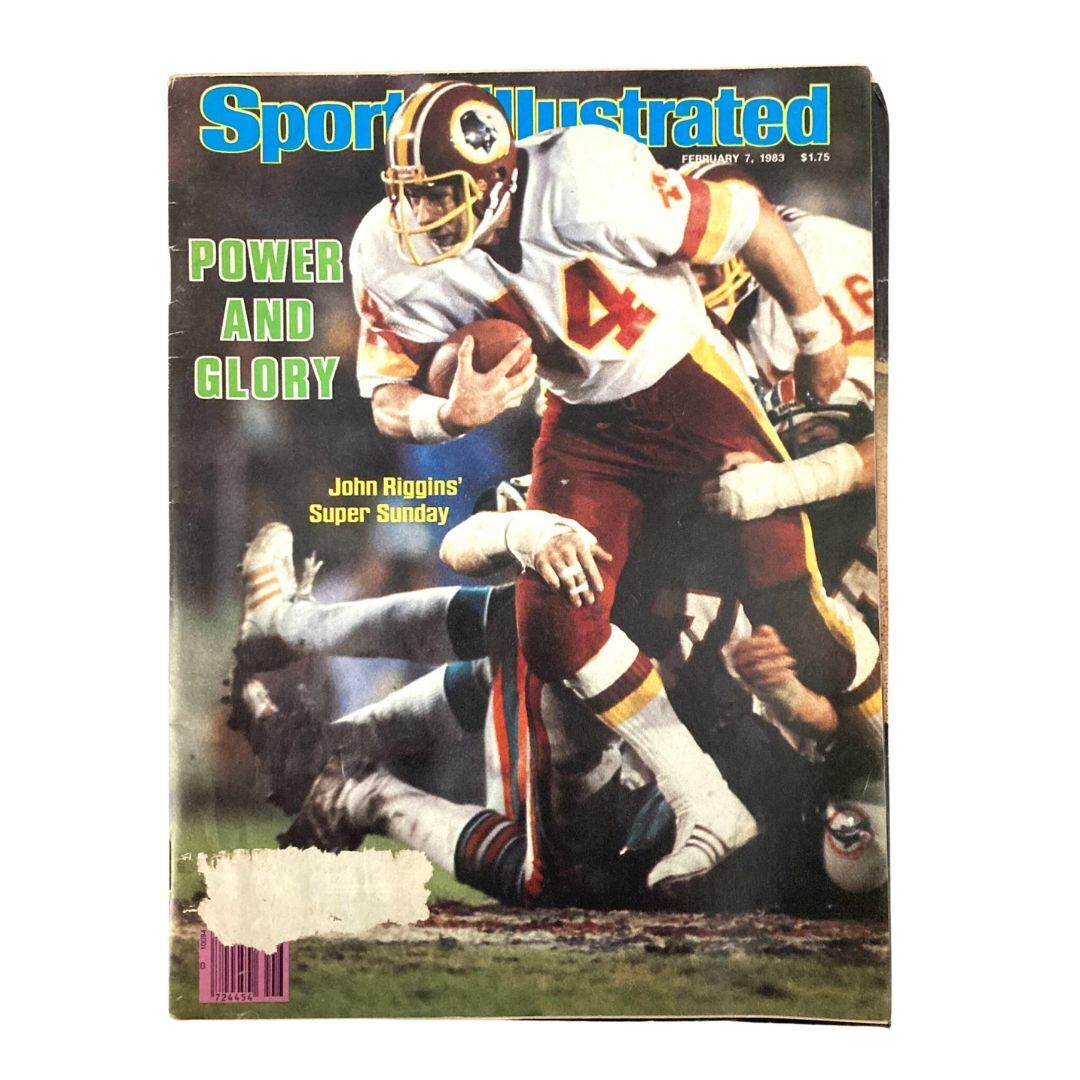 Vintage Sports Illustrated Magazine featuring John Riggins on the cover, titled 'Power and Glory', dated February 7, 1983, showcasing a significant moment in NFL history.