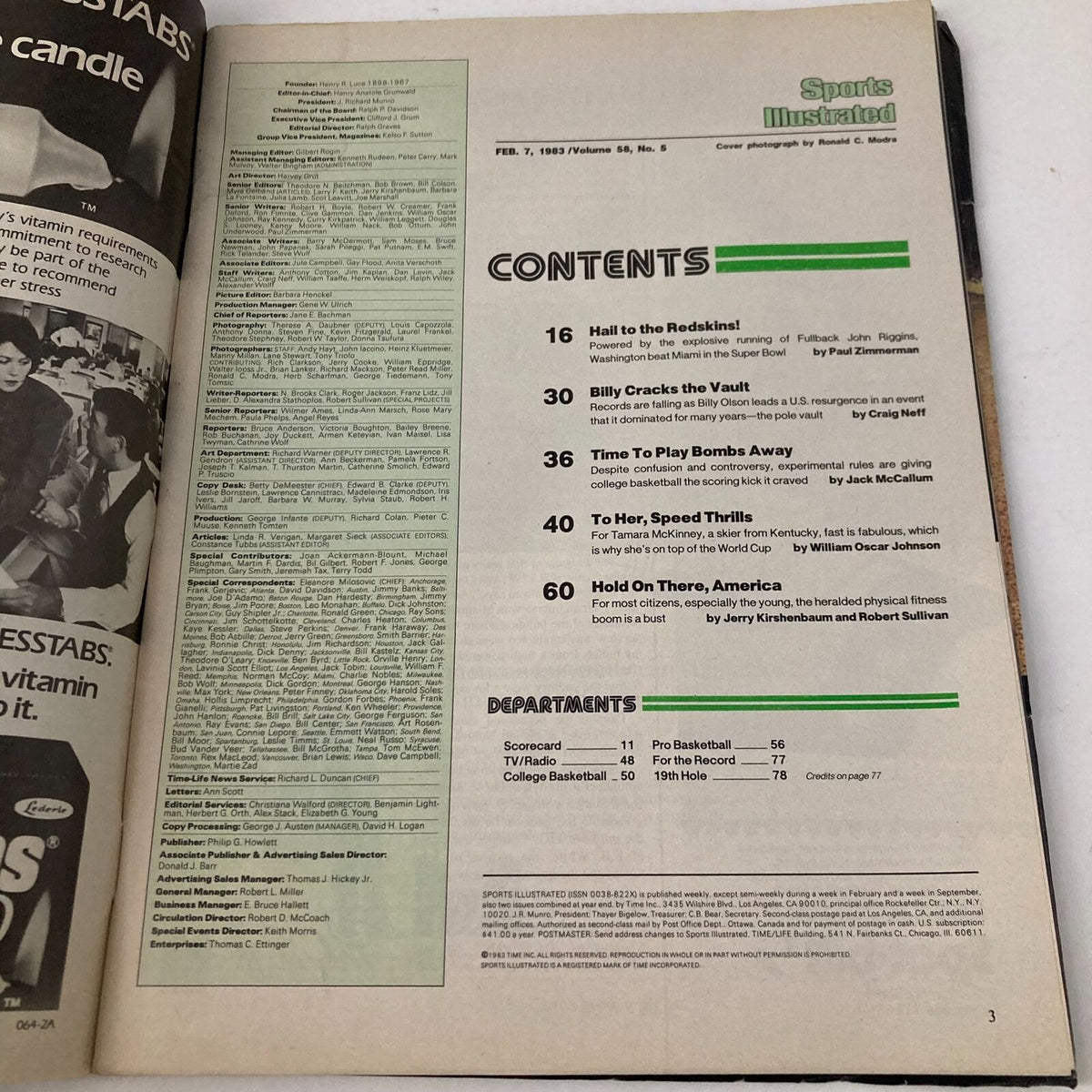 Contents page of Sports Illustrated Magazine dated February 7, 1983, featuring John Riggins' Super Sunday issue with articles on NFL history.