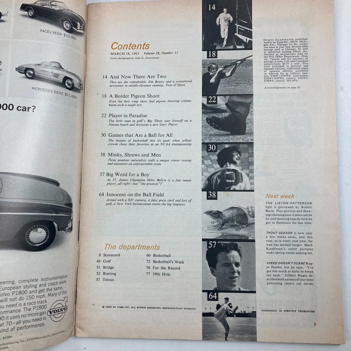 Contents page of VTG Sports Illustrated Magazine March 18 1963 Vol 18 No. 11, outlining various articles and features related to sports.