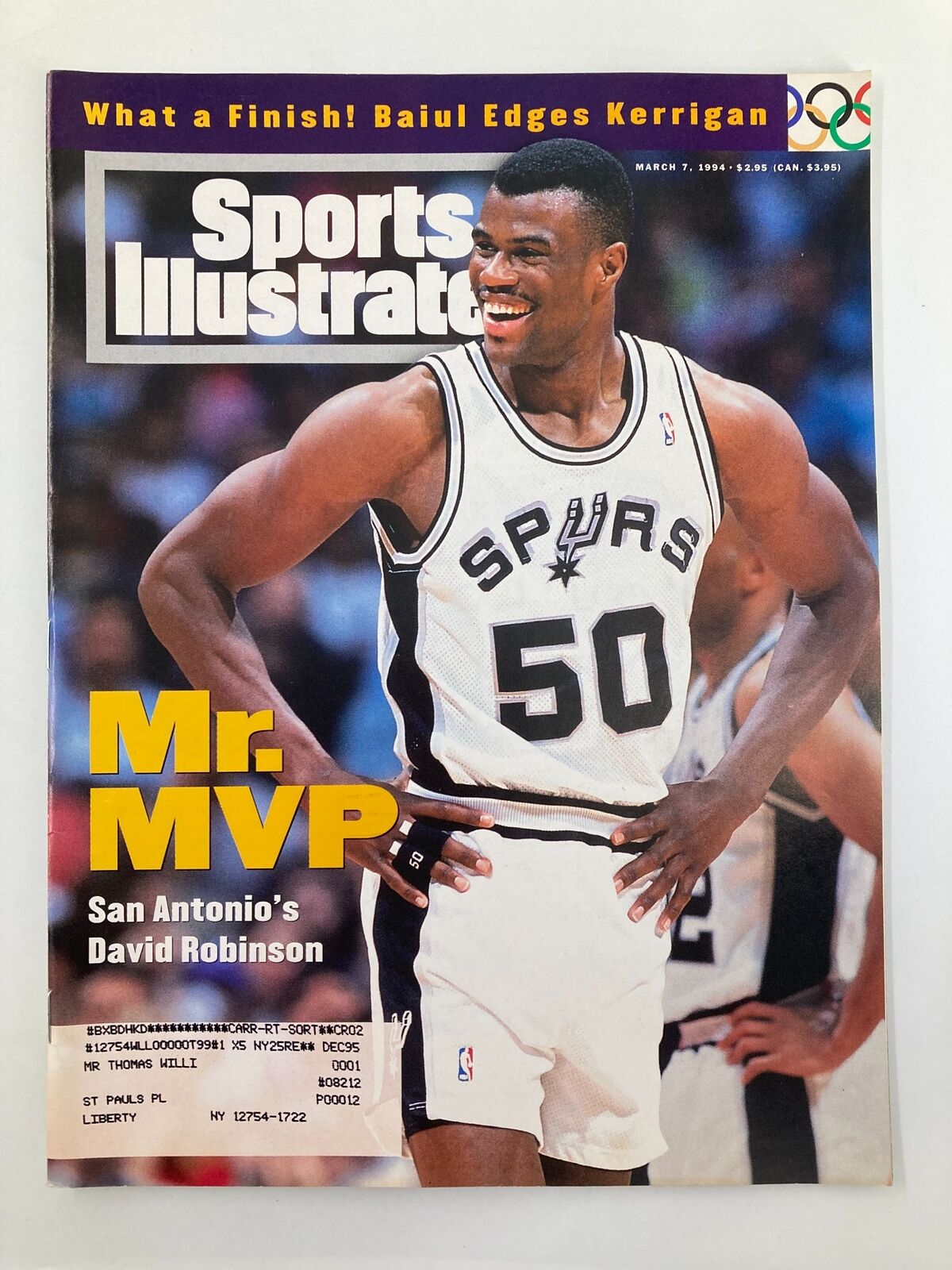 Sports Illustrated Magazine cover from March 7, 1994 featuring San Antonio's David Robinson smiling, showcasing his impact on basketball with the headline 'Mr. MVP'.