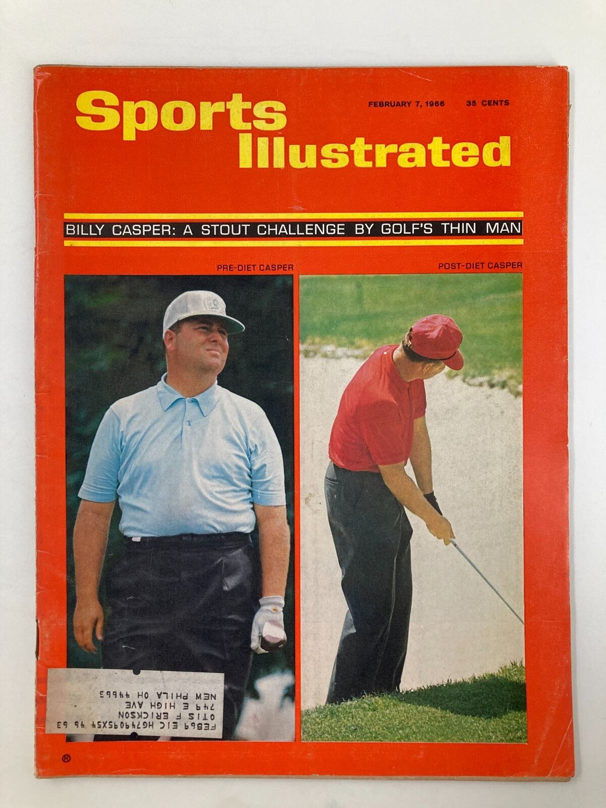 Vintage Sports Illustrated Magazine cover from February 7, 1966, featuring Billy Casper. The cover showcases a 'Pre-Diet' photo of Casper on the left and a 'Post-Diet' photo on the right, highlighting his remarkable transformation.