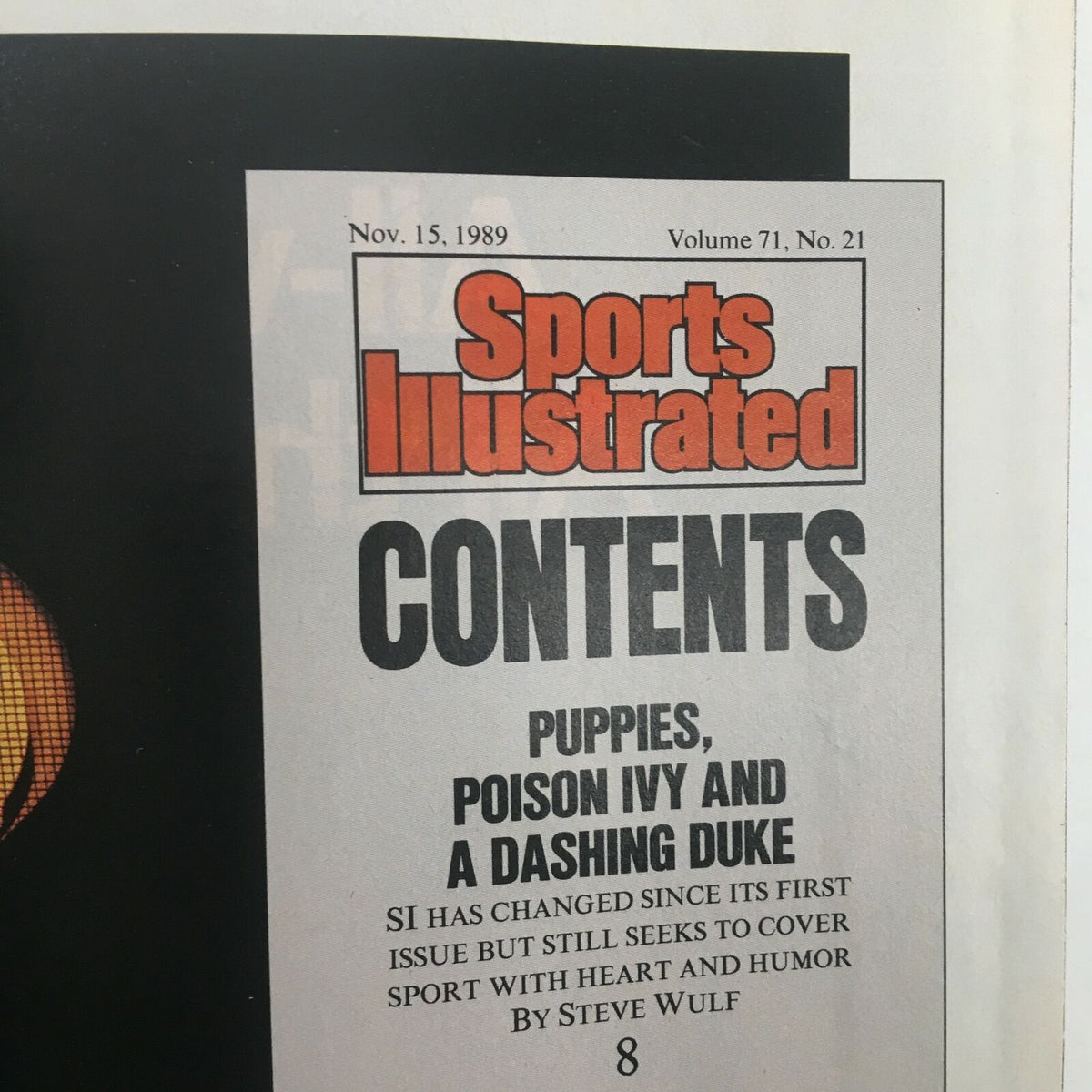 Table of contents page from the November 15, 1989 issue of Sports Illustrated, including features like 'Puppies, Poison Ivy and a Dashing Duke' along with the magazine's logo and publication details.