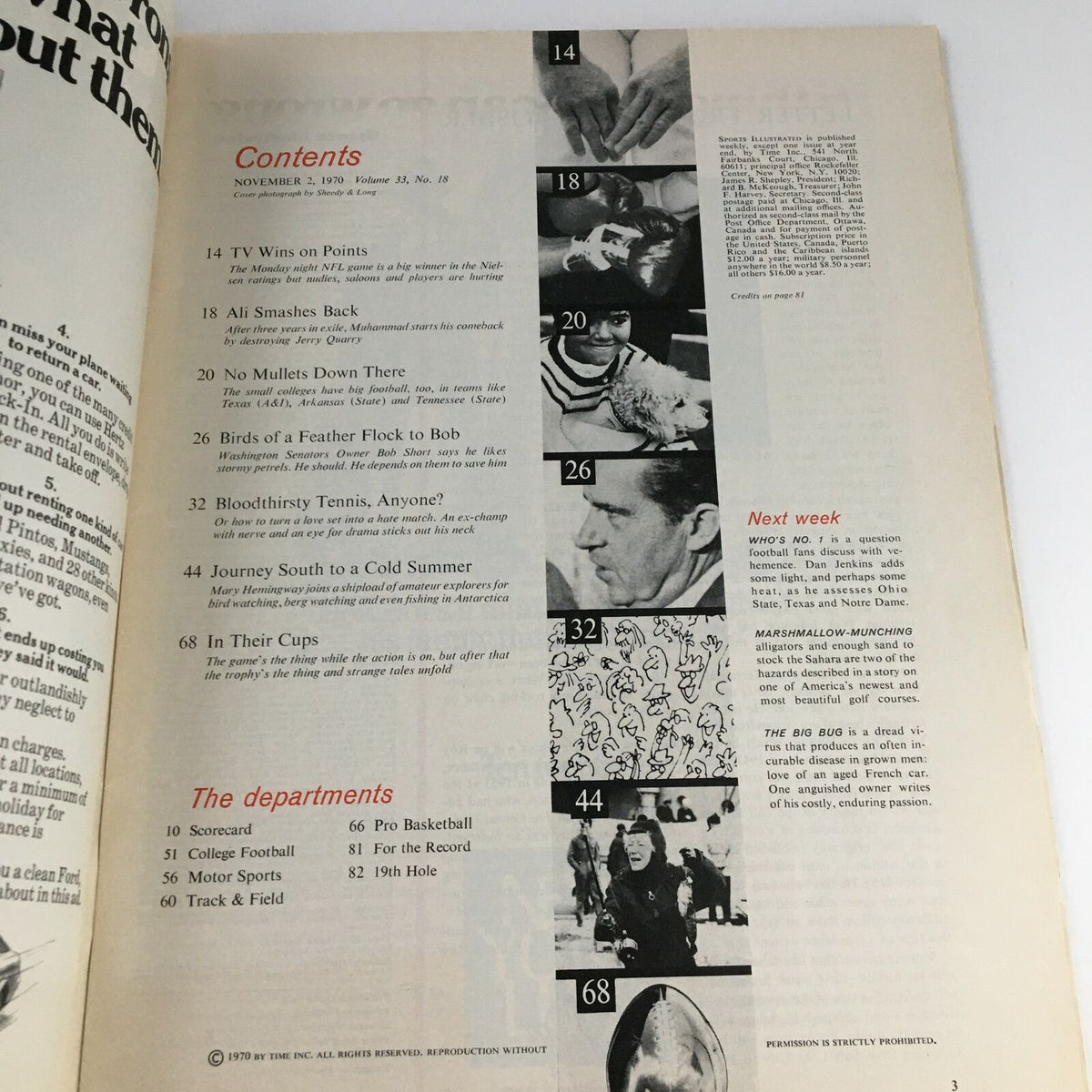 Contents page of Sports Illustrated Magazine, November 2, 1970, listing articles with a focus on sports, including Pro Football.
