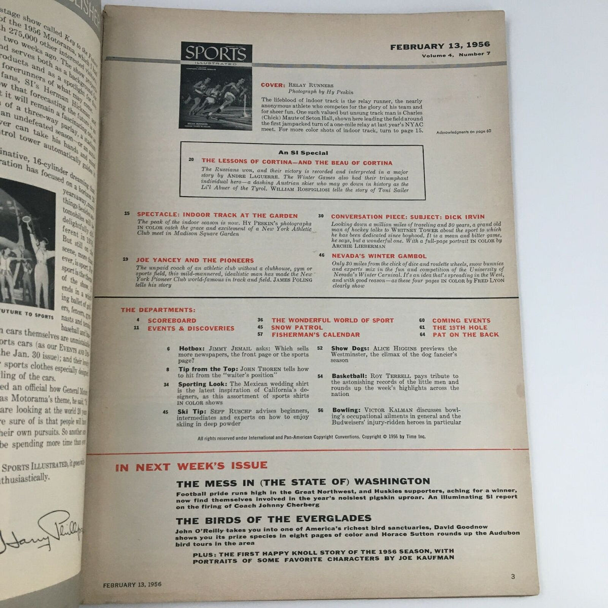 Page from Sports Illustrated Magazine February 13 1956 showcasing indoor track events, featuring relay runners and details of articles related to sports events and discoveries.