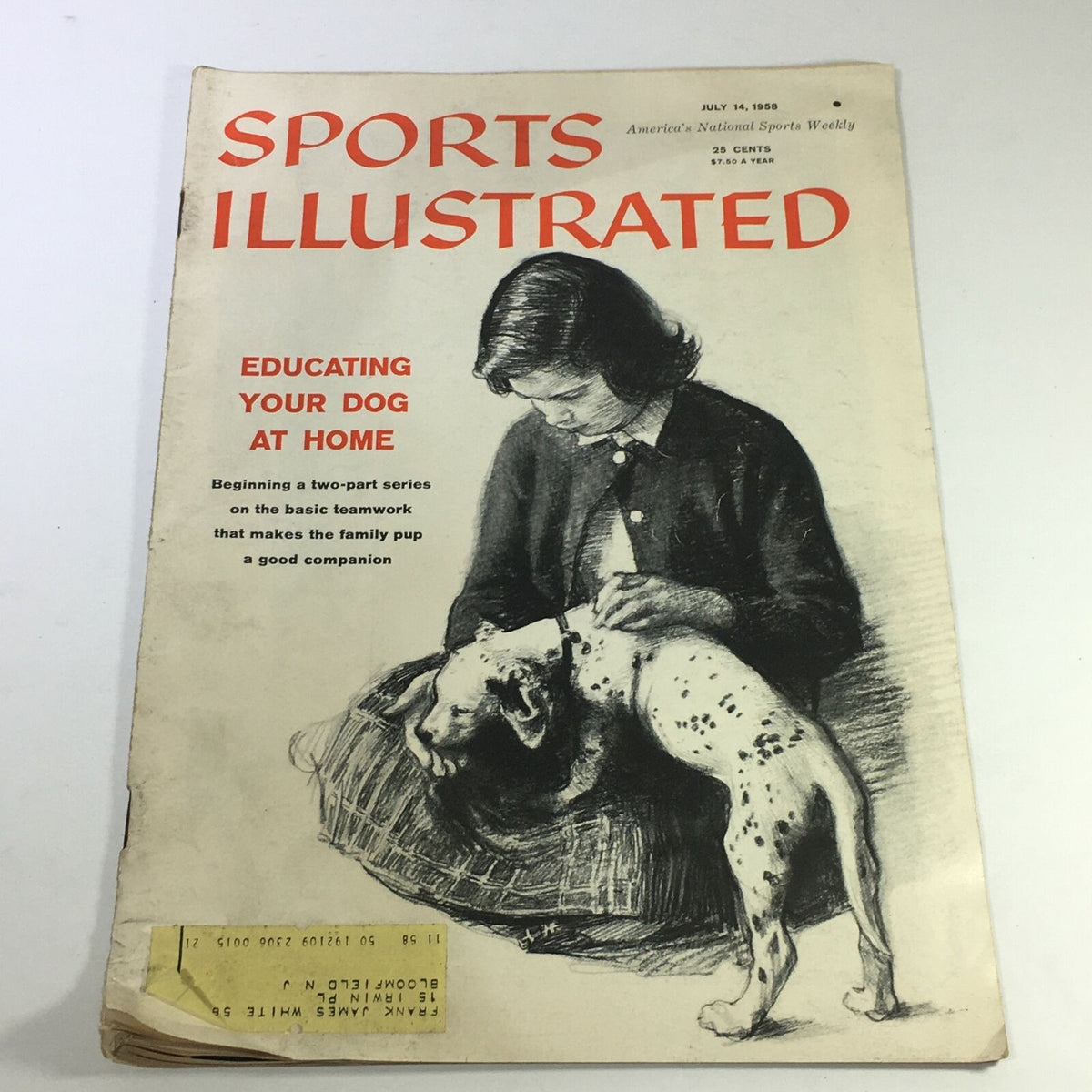 Cover of the VTG Sports Illustrated Magazine July 14 1958 featuring the title 'Educating Your Dog At Home,' showcasing a girl with a spotted dog.