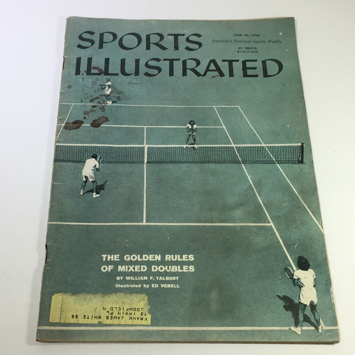 Cover of VTG Sports Illustrated Magazine from June 30, 1958 featuring 'The Golden Rules of Mixed Doubles' by William F. Talbert. The magazine showcases vintage tennis illustrations and original address label.