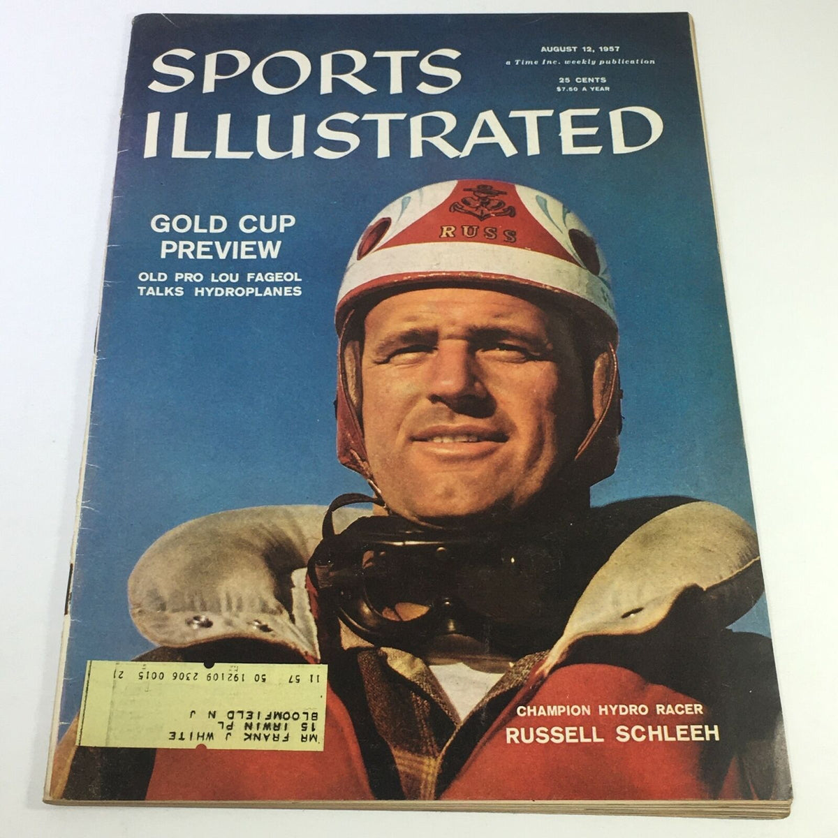 Cover of VTG Sports Illustrated Magazine from August 12, 1957, featuring champion hydro racer Russel Schleeh, highlighting the sport of hydroplane racing.