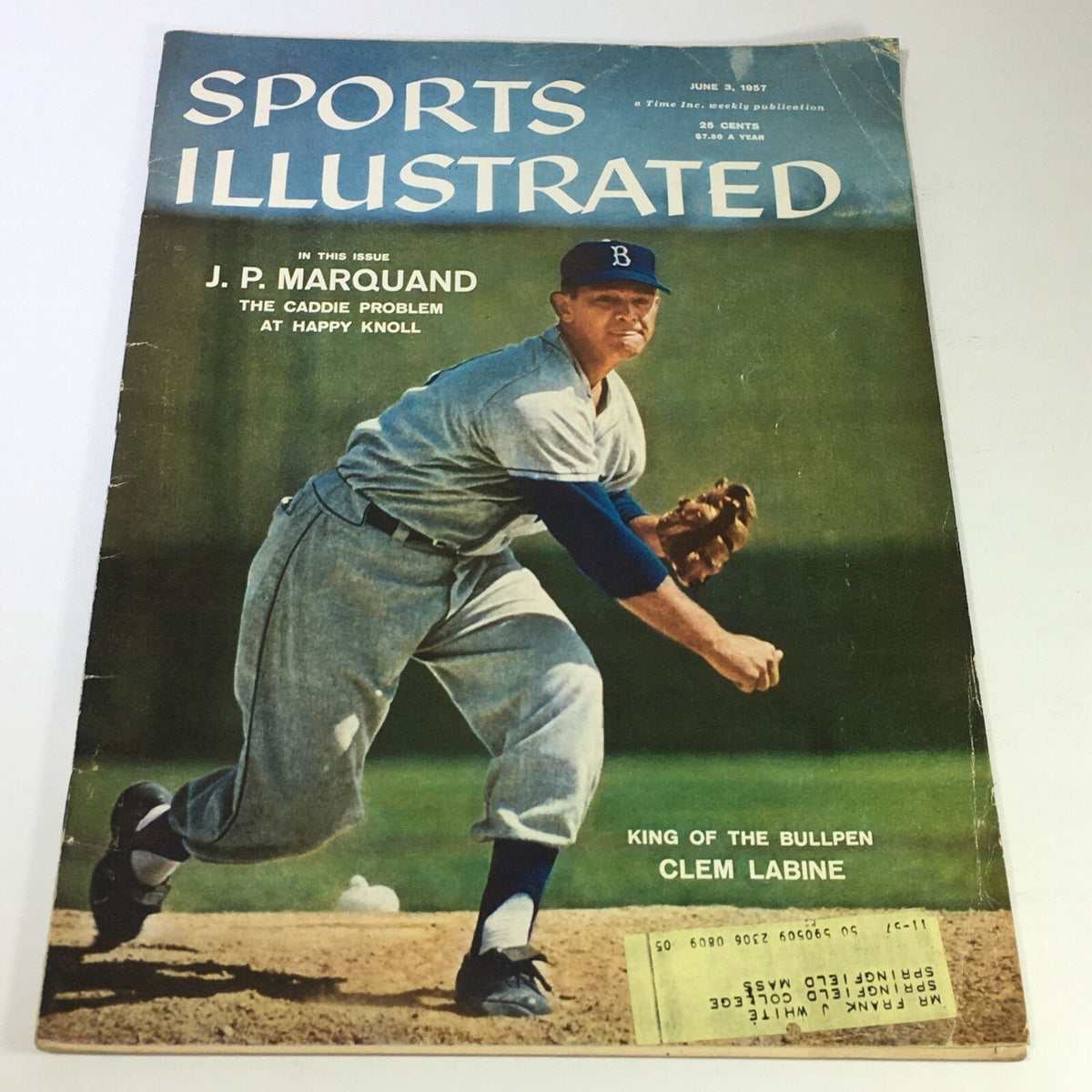 Vintage Sports Illustrated Magazine cover from June 3, 1957, showcasing pitcher Clem Labine and author J.P. Marquand.