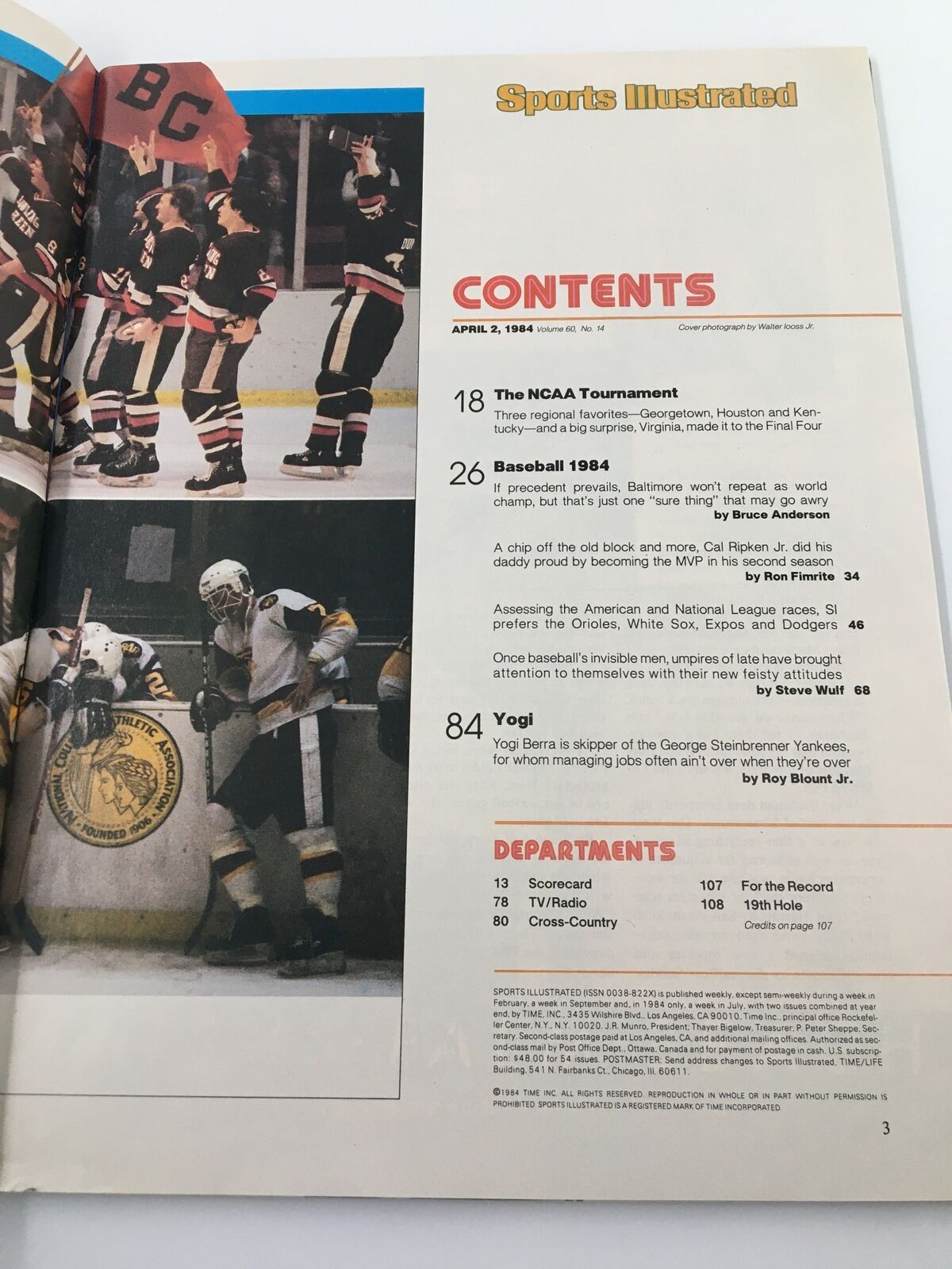 Inside contents page of Sports Illustrated Magazine April 2 1984, including sections on NCAA Tournament and Yogi Berra, highlighting the focus on baseball history.