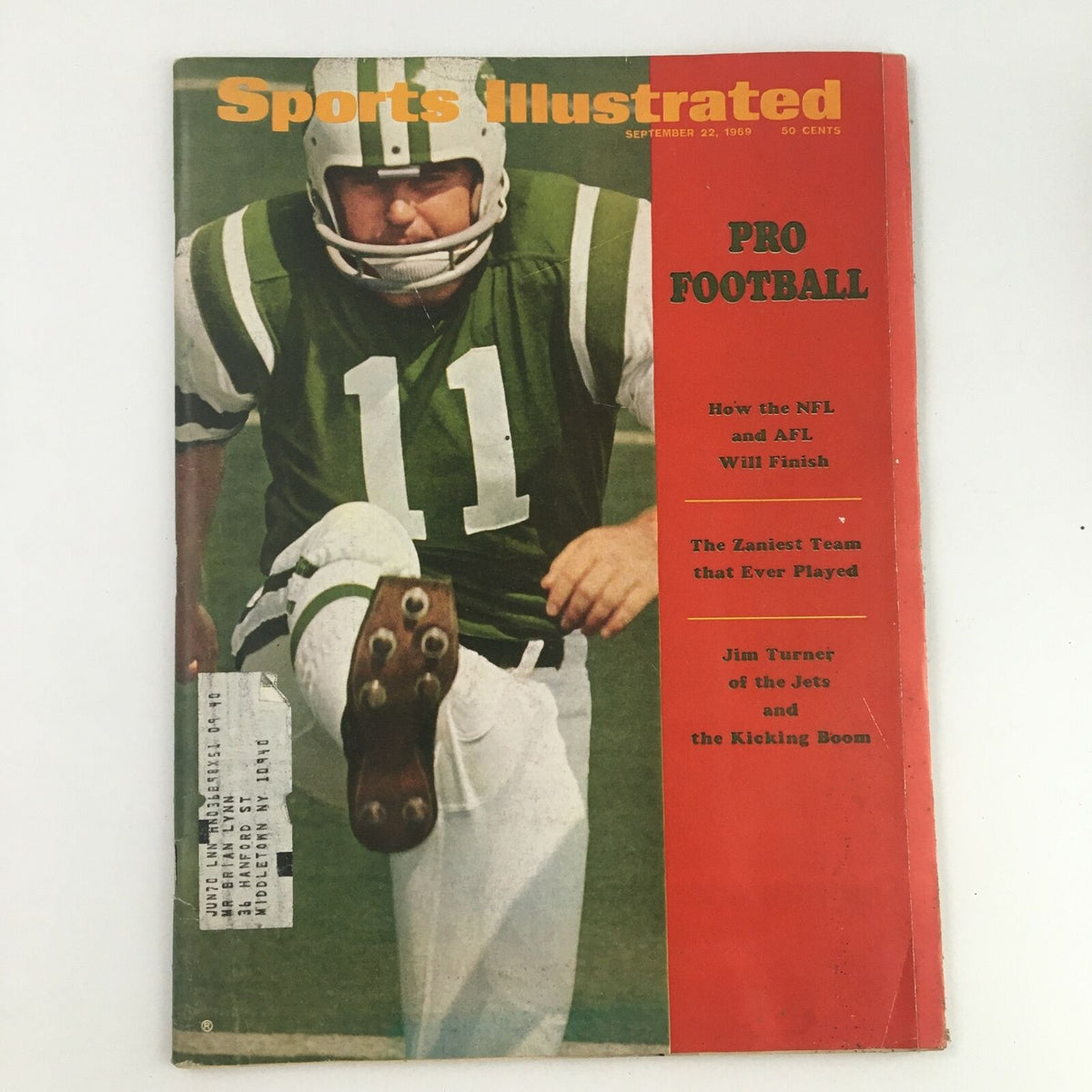 Sports Illustrated Magazine September 22 1969 featuring Jim Turner of the Jets on the cover, showcasing a football player in action with a vibrant design.